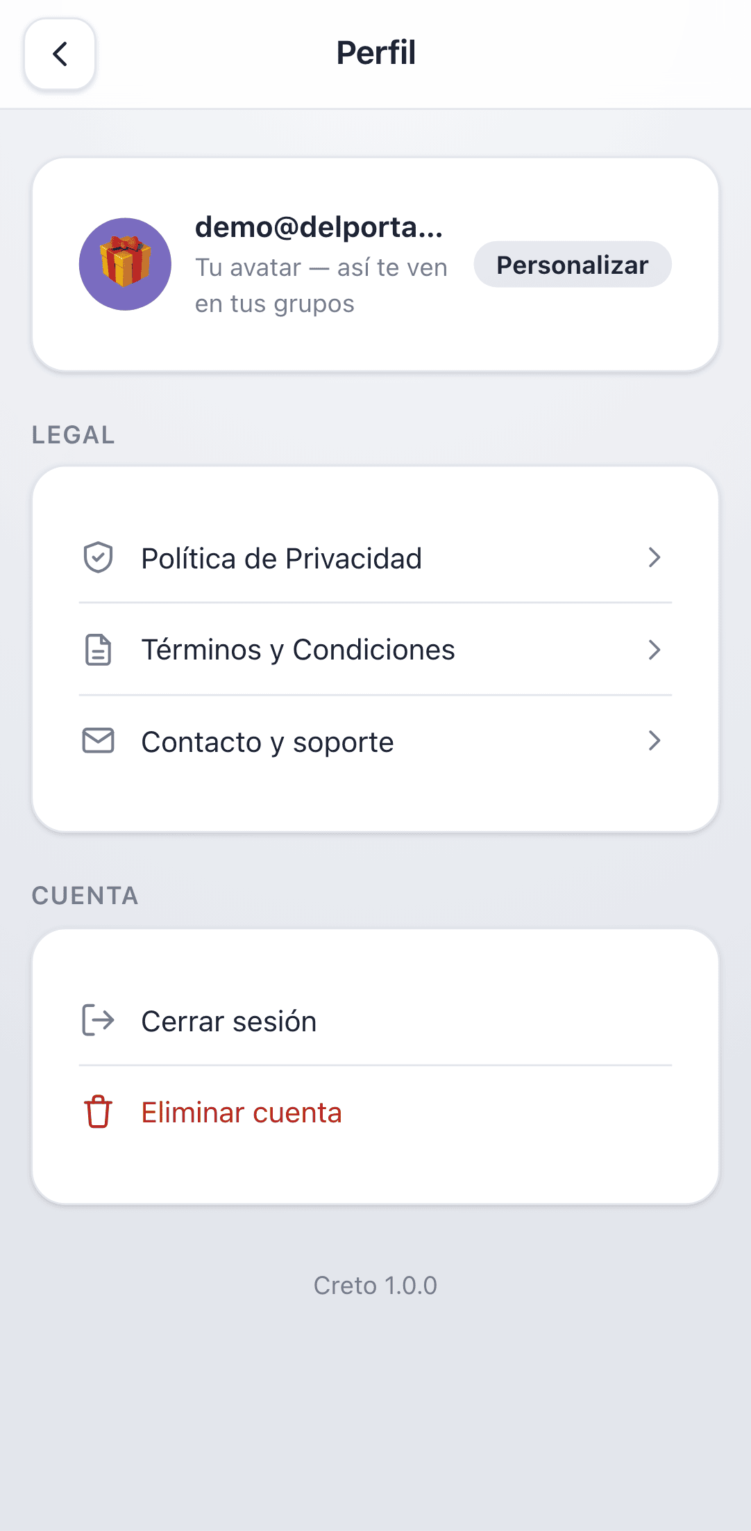 The Perfil screen