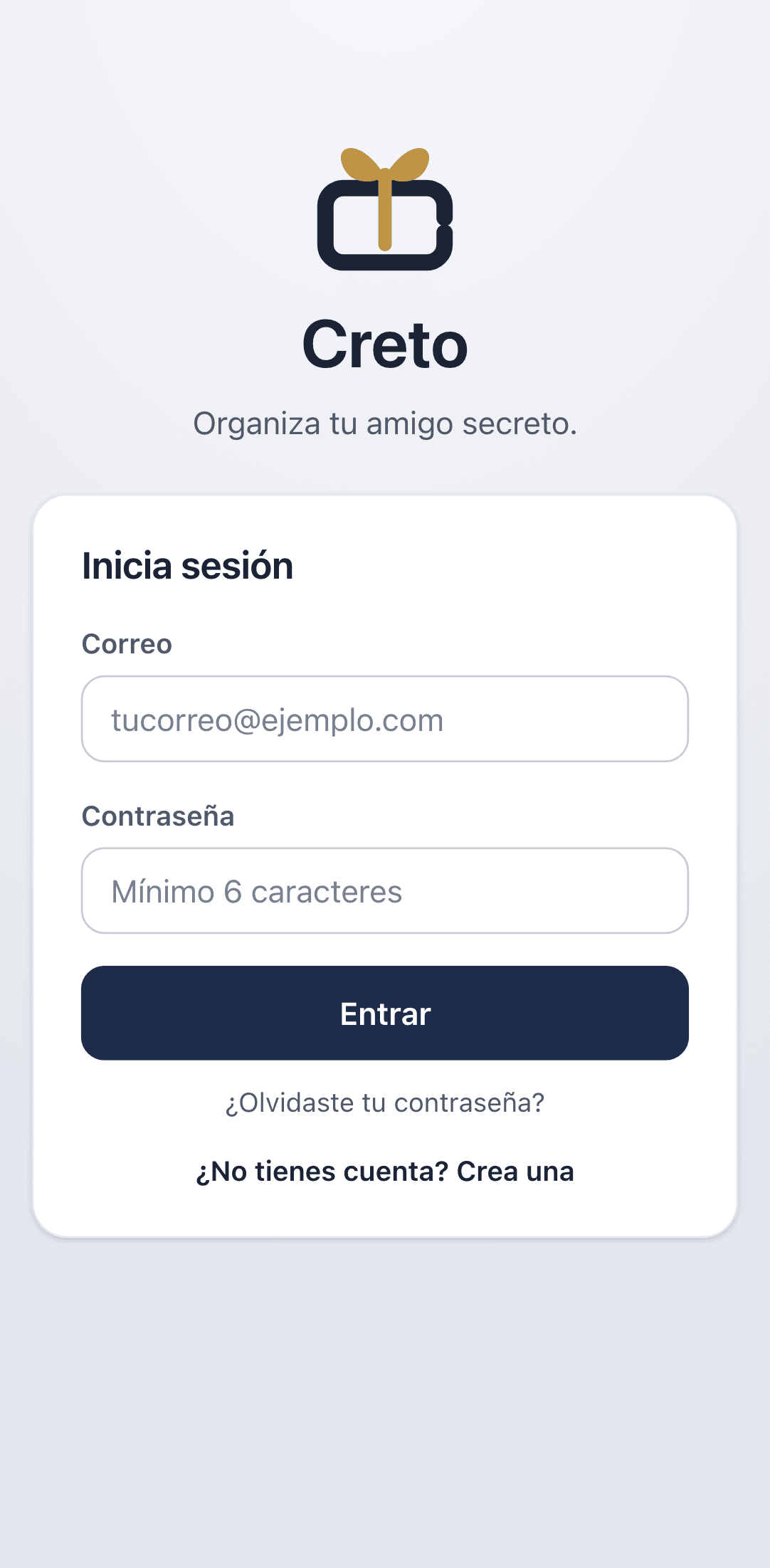 Pantalla de inicio de sesión de Creto