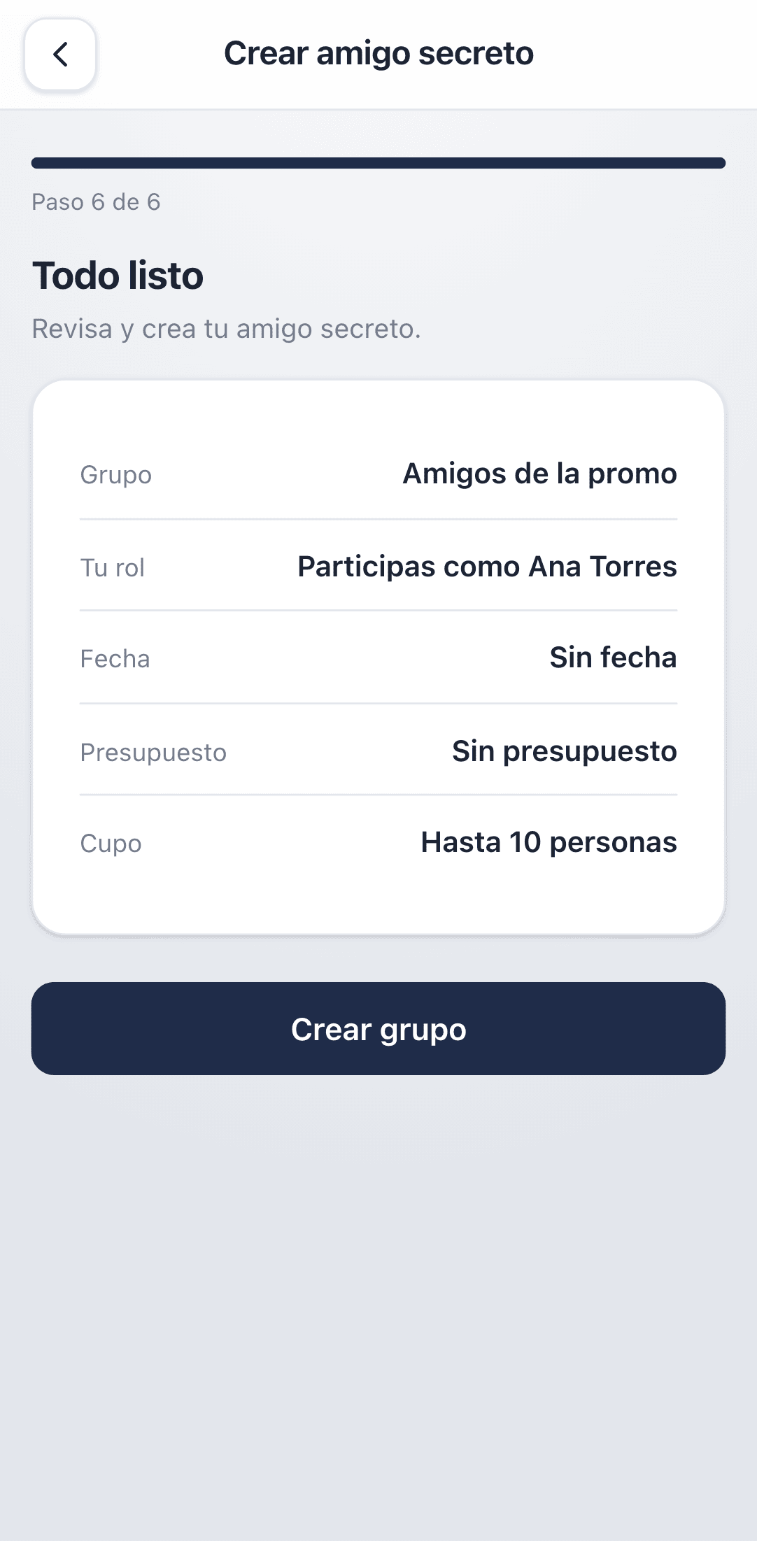 Paso 6: resumen antes de crear