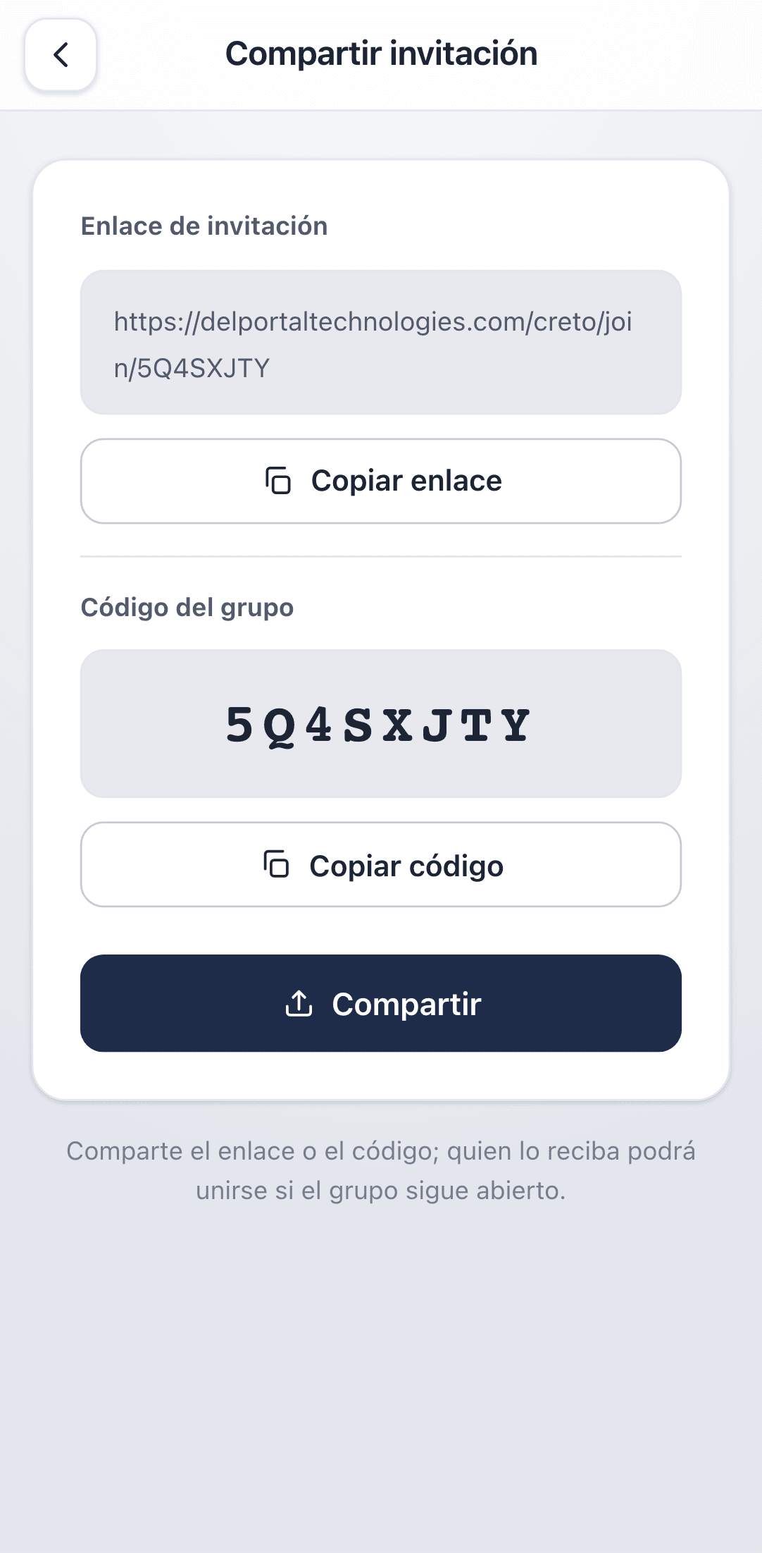 Pantalla de compartir invitación
