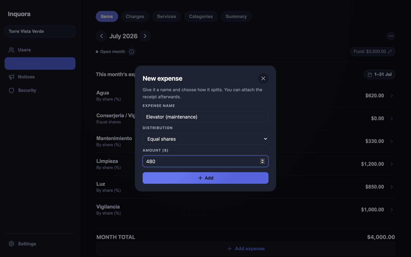 Form to add an expense with its distribution and amount.