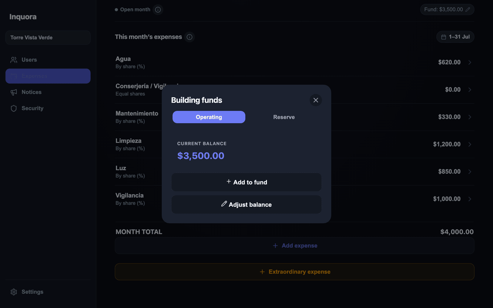 Building funds editor with Operating and Reserve tabs.