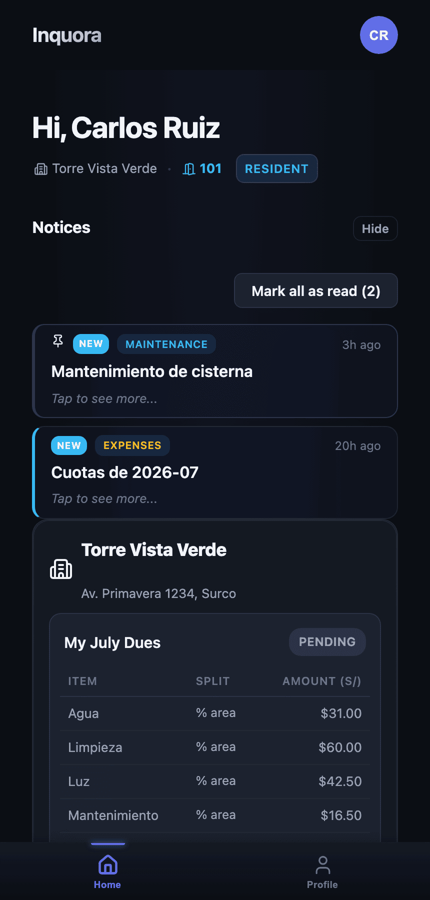 Resident home screen with the month's fee and notices.