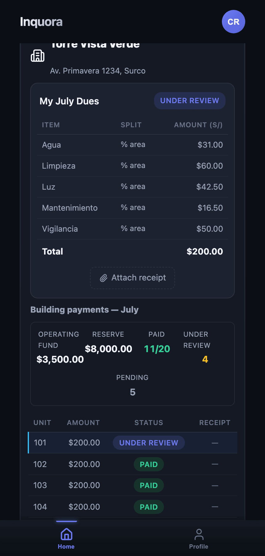 The resident's fee moves to the In review state.
