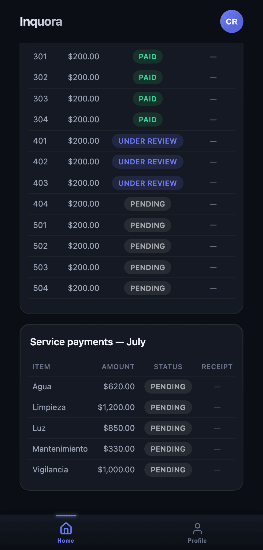 Resident viewing the whole building's payments, unit by unit.