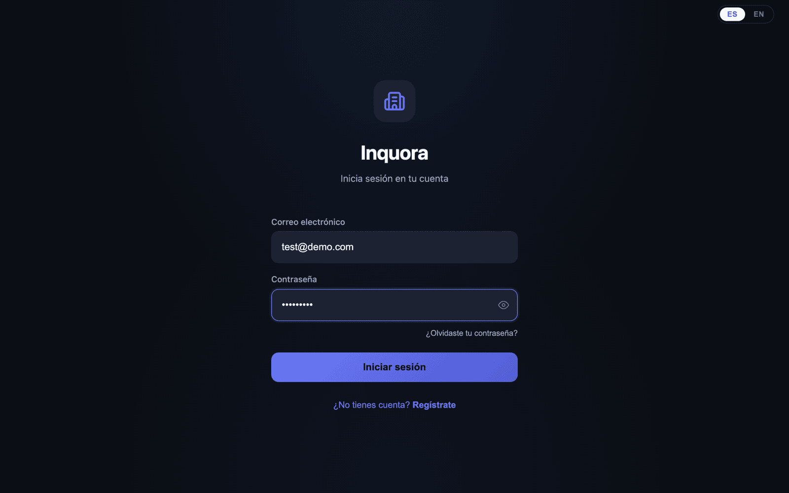 Pantalla de inicio de sesión de Inquora.