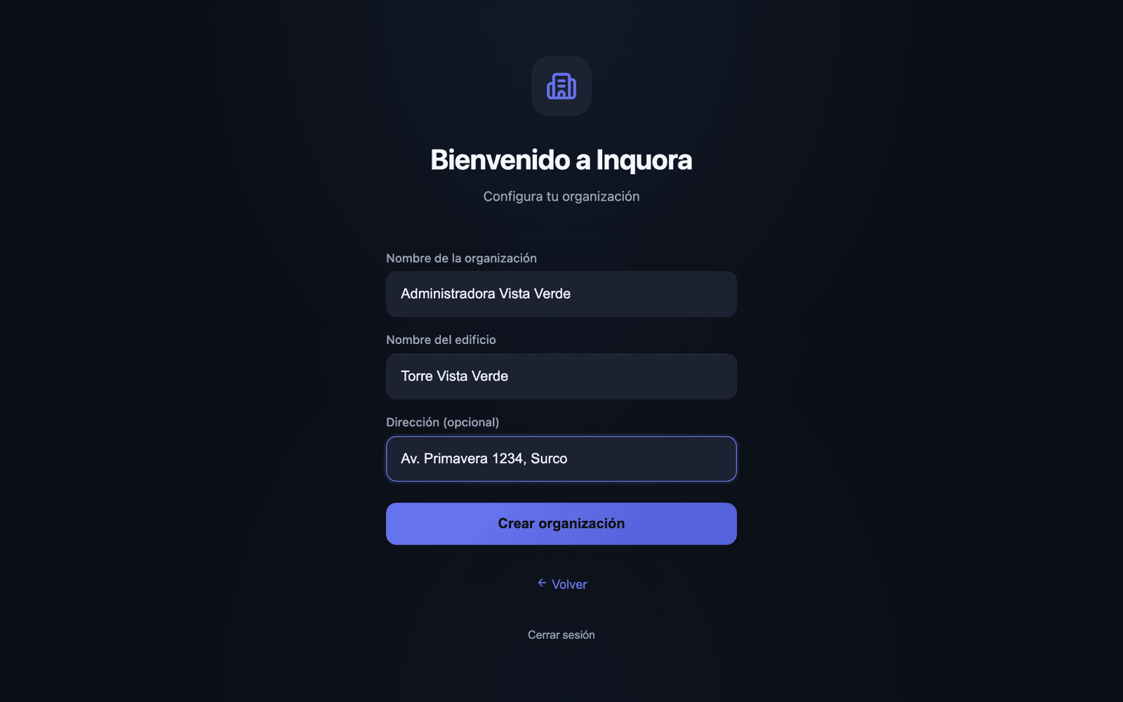 Formulario para crear la organización y el primer edificio.