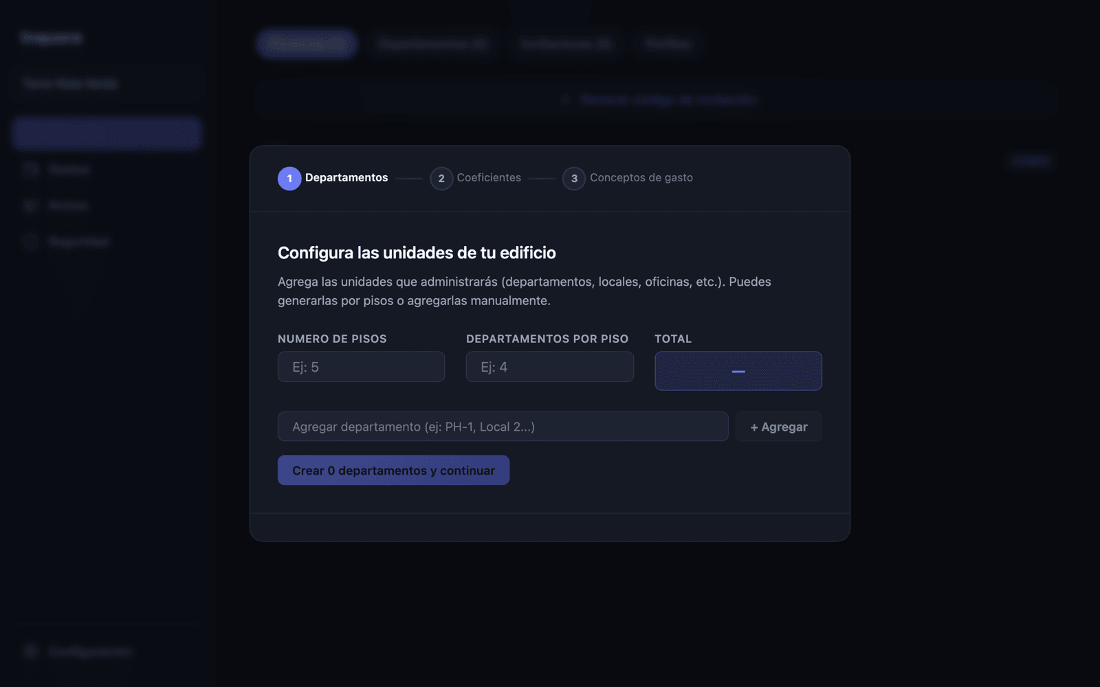 Asistente de configuración, paso 1: configurar las unidades del edificio.