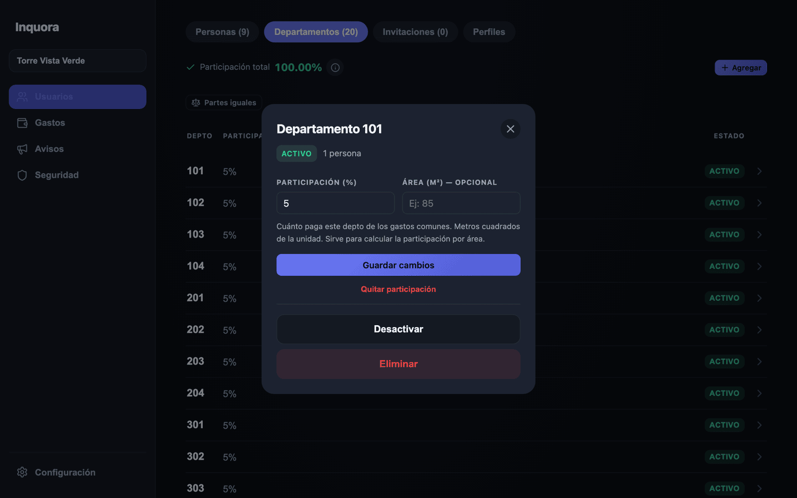 Ficha de un departamento con participación y área en m² opcional.