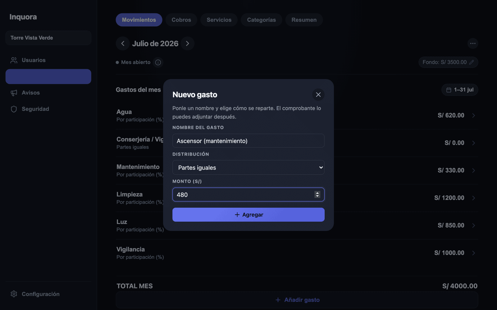 Formulario para agregar un gasto con su distribución y monto.