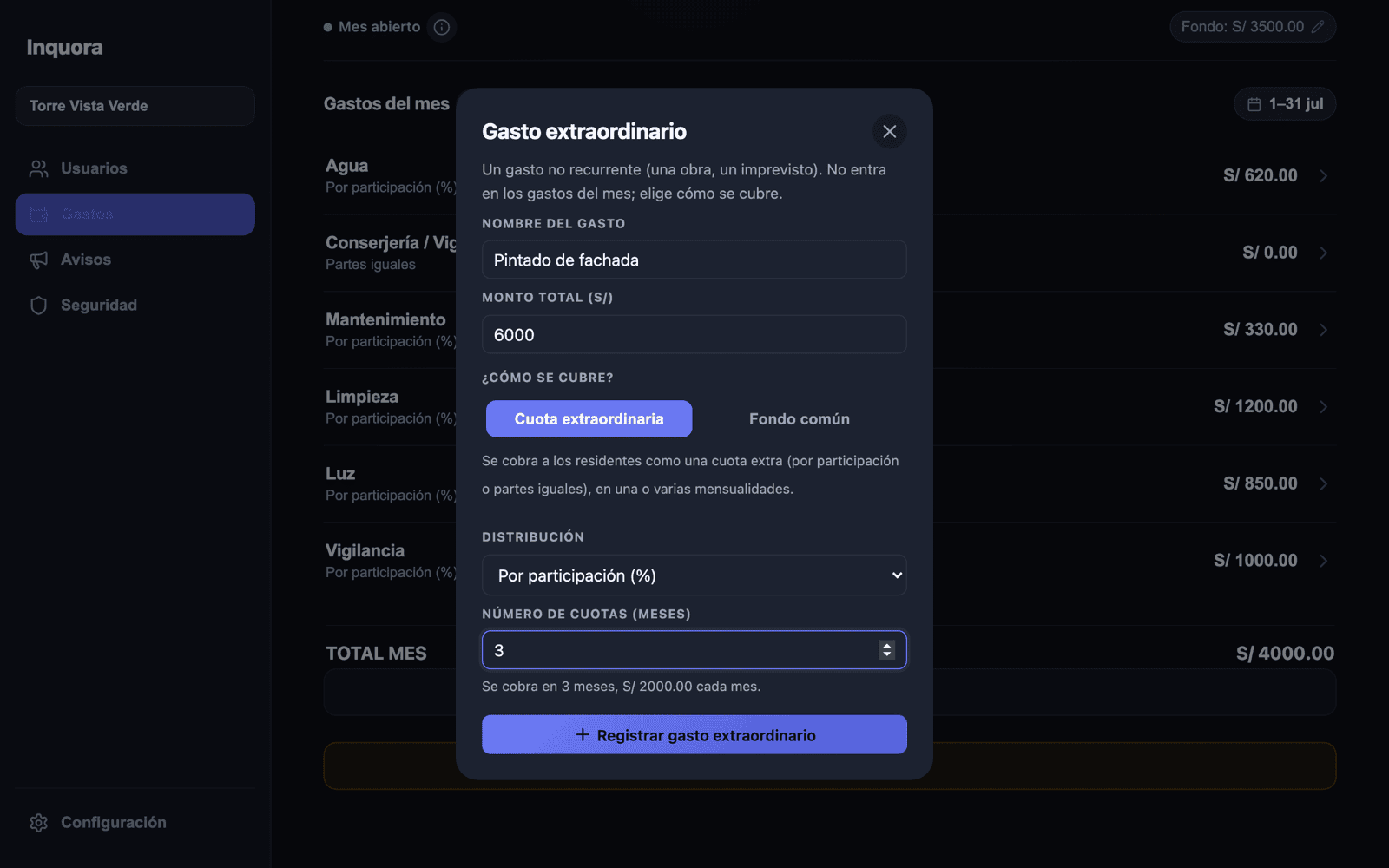 Registro de un gasto extraordinario cobrado como cuota extraordinaria en 3 cuotas.