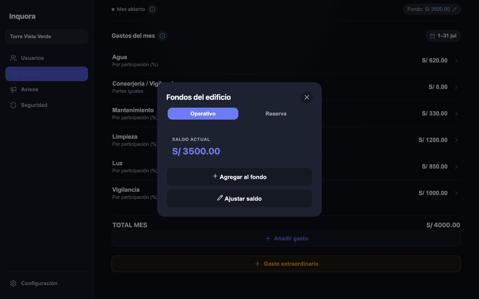Editor de fondos del edificio con las pestañas Operativo y Reserva.