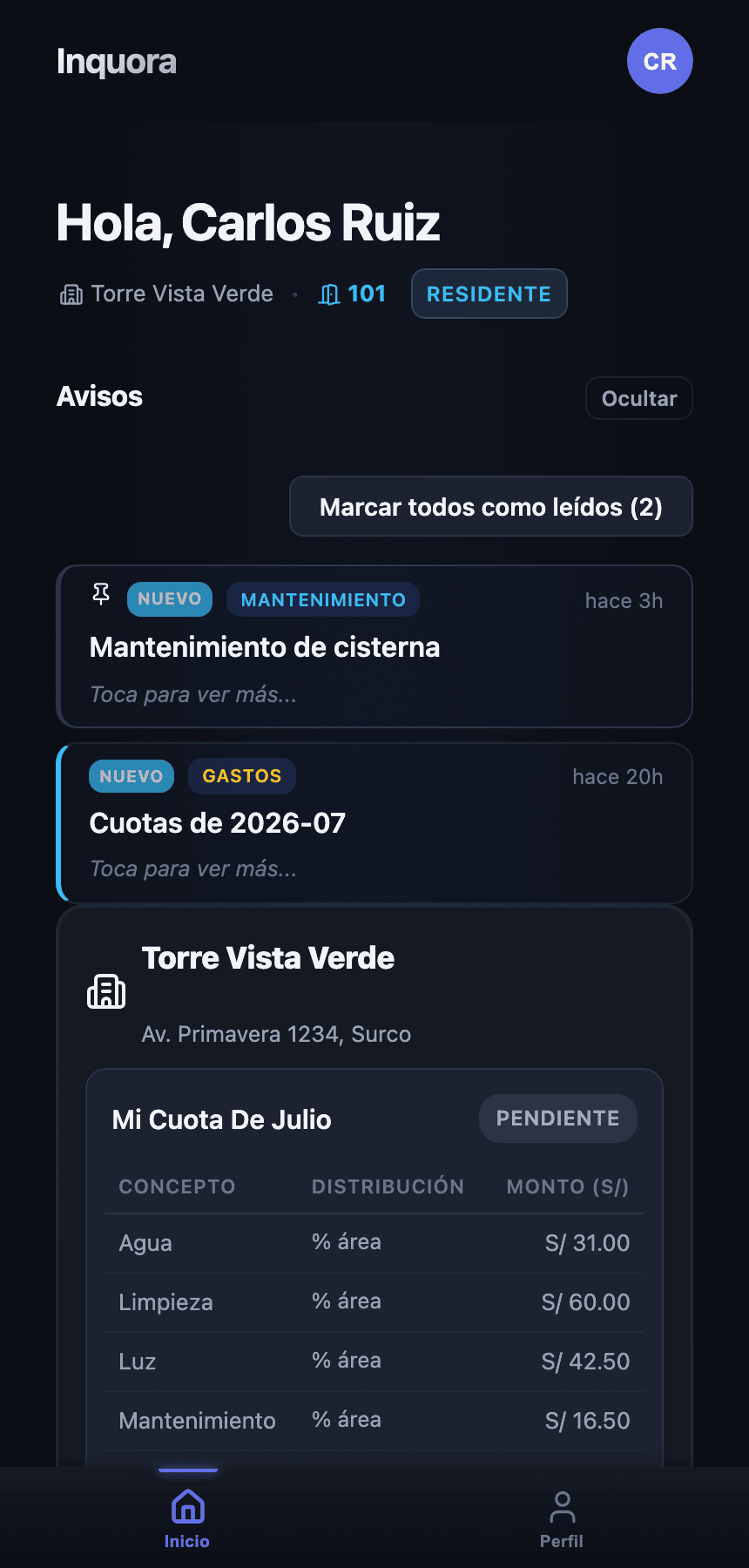 Pantalla de inicio del residente con su cuota del mes y los avisos.