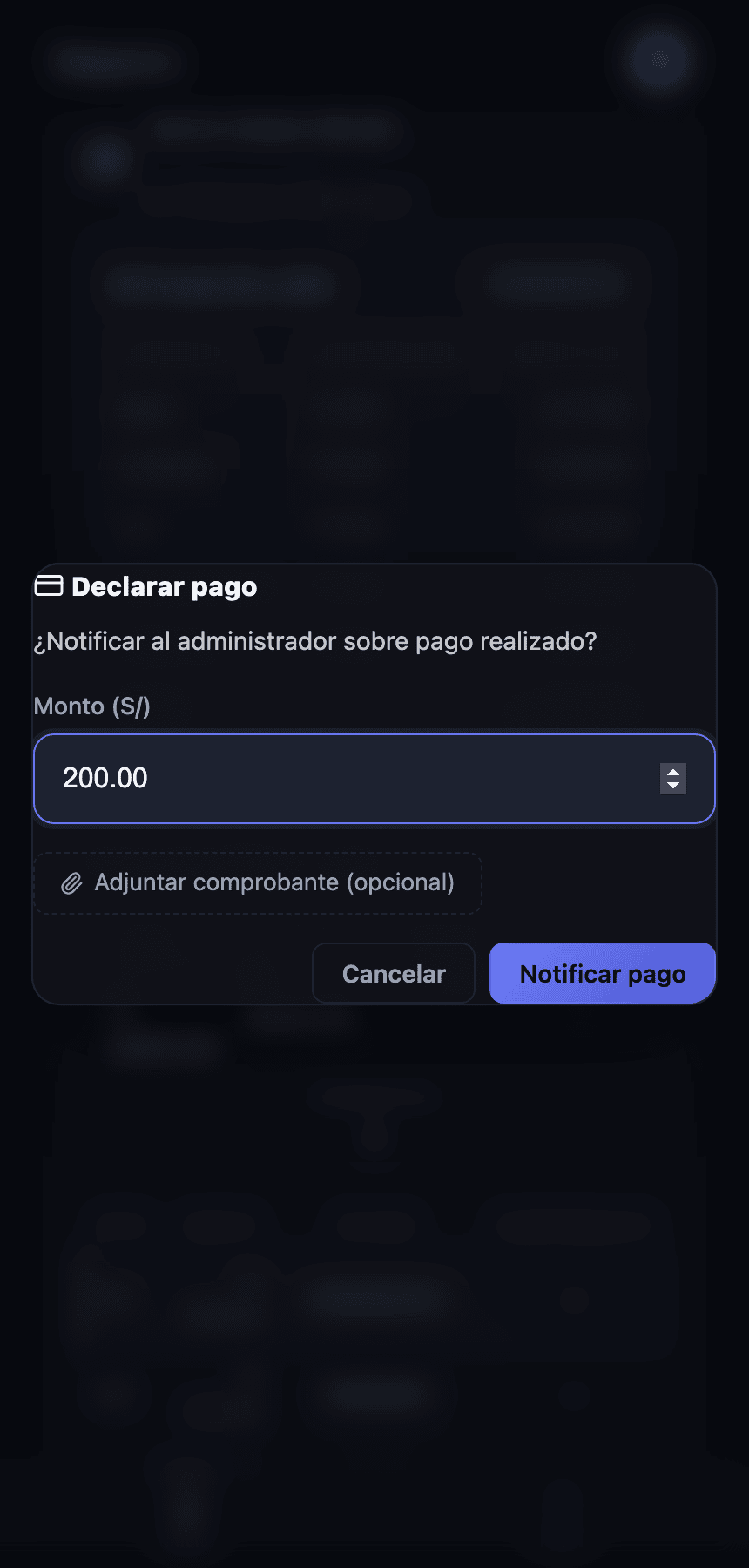 Modal donde el residente confirma el monto de su pago.