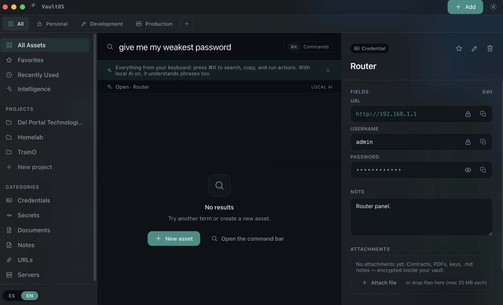The bar understands phrases: "give me my weakest password", resolved by the on-device AI against the security audit.
