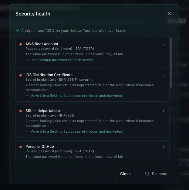 Security health: weak, reused and exposed secrets — each finding explains why and how to fix it.