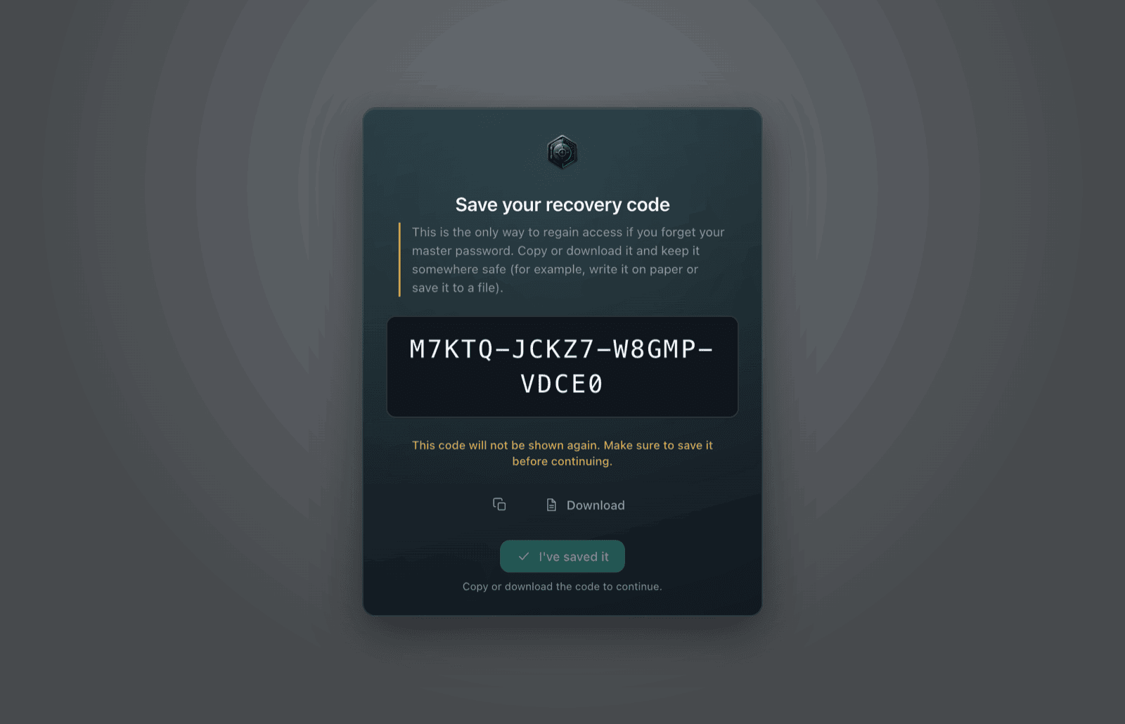Screen showing the one-time recovery code