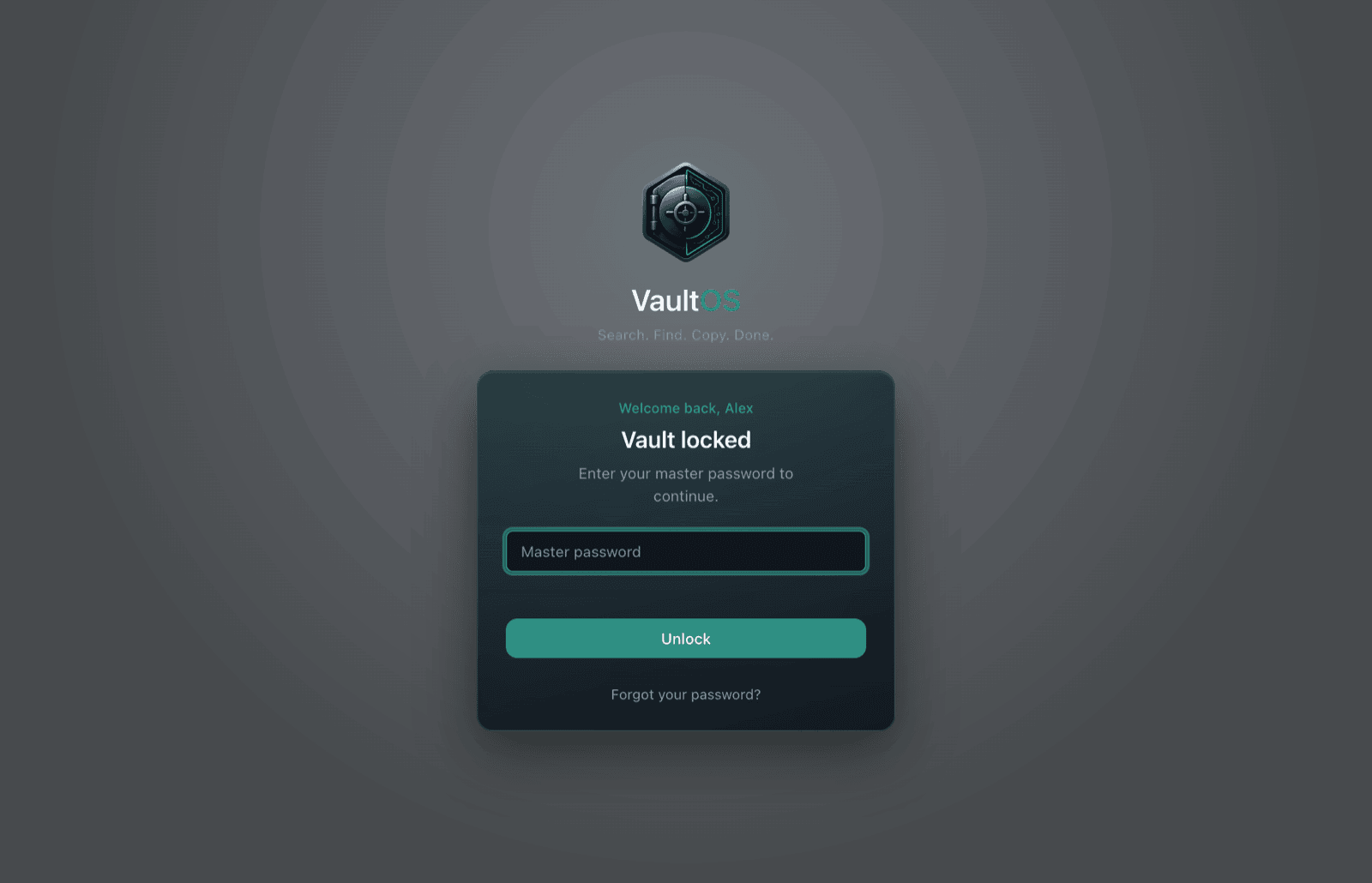 Locked vault screen asking for the master password