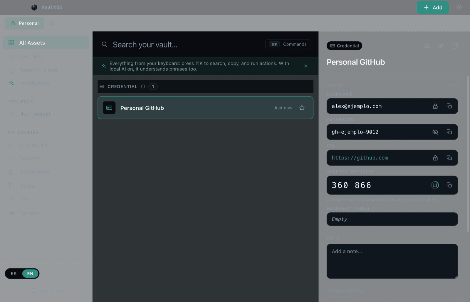 Detail panel with a revealed password