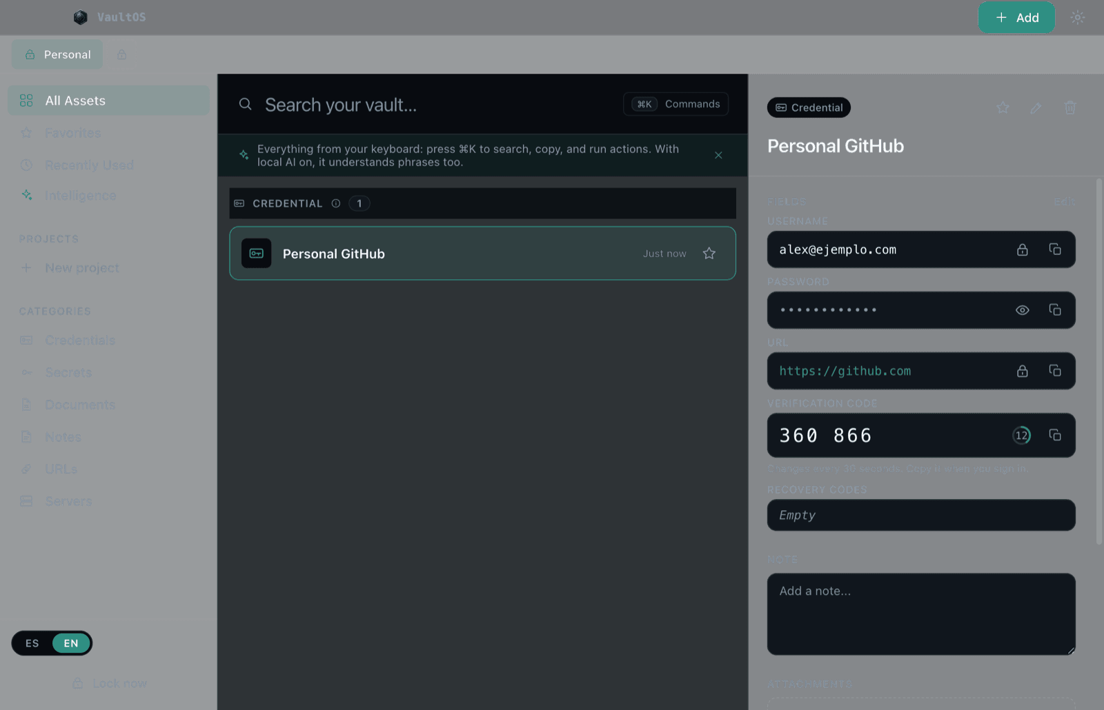 Credential with a live TOTP code and countdown