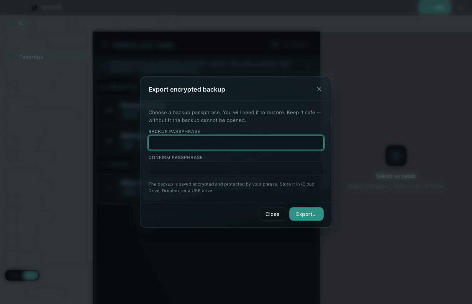 Encrypted backup export dialog