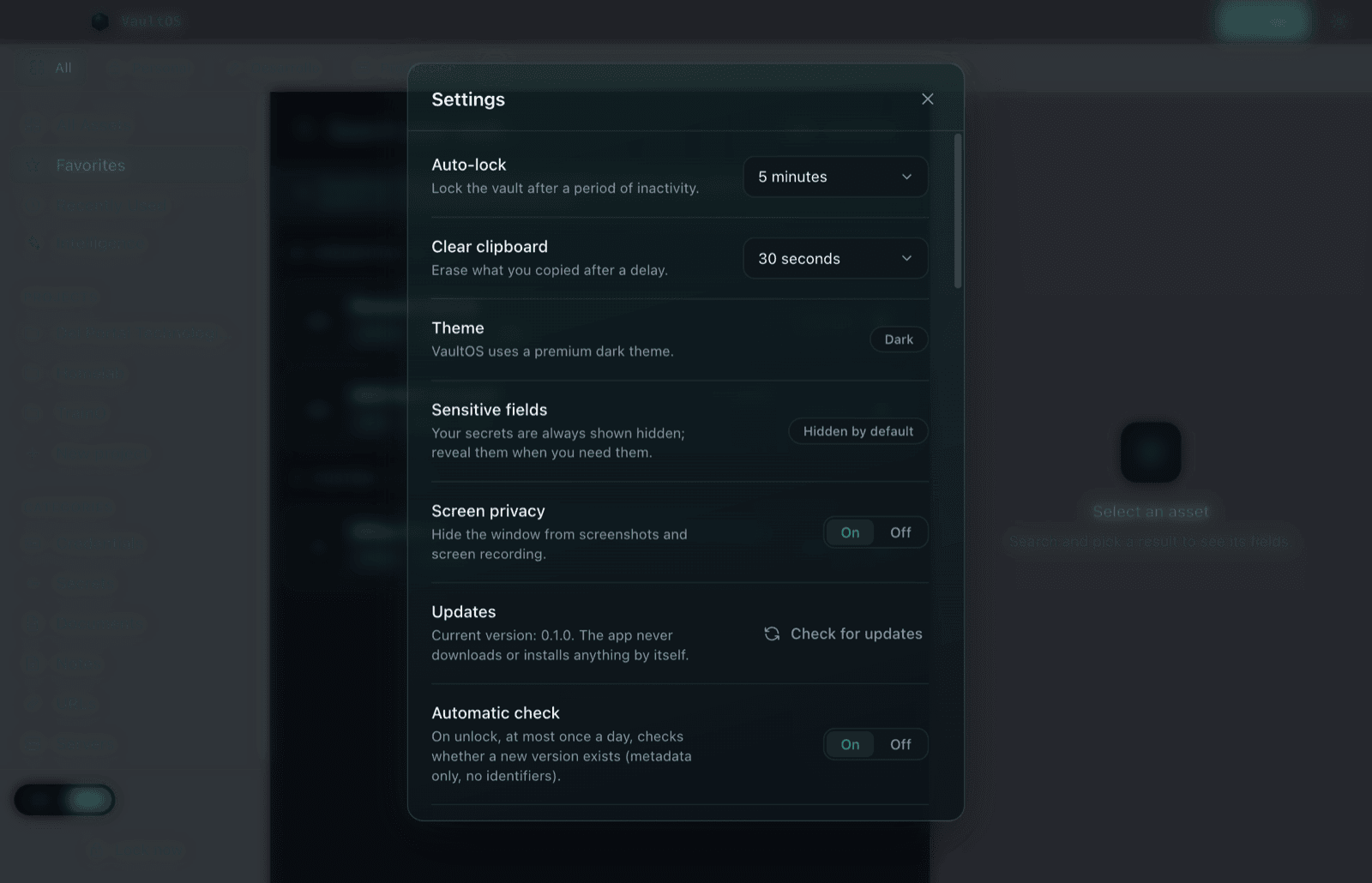 VaultOS settings panel