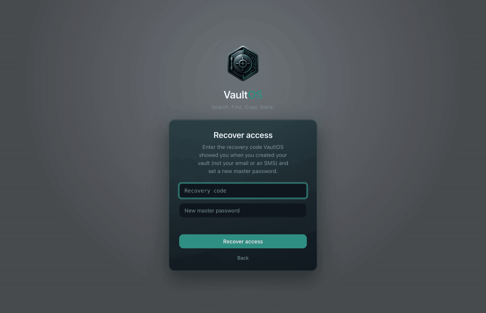 Recover access screen with recovery code input