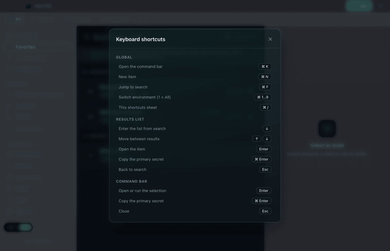 Keyboard shortcuts sheet
