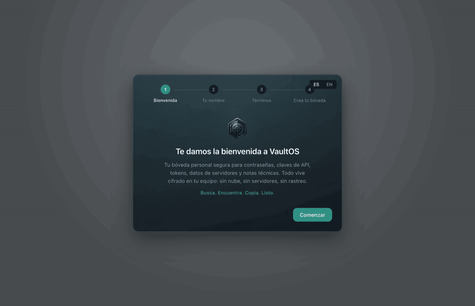 Pantalla de bienvenida del asistente inicial de VaultOS