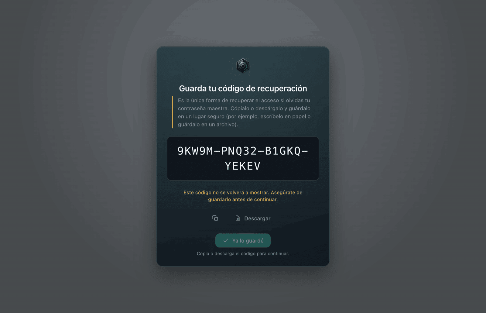 Pantalla que muestra el código de recuperación una única vez