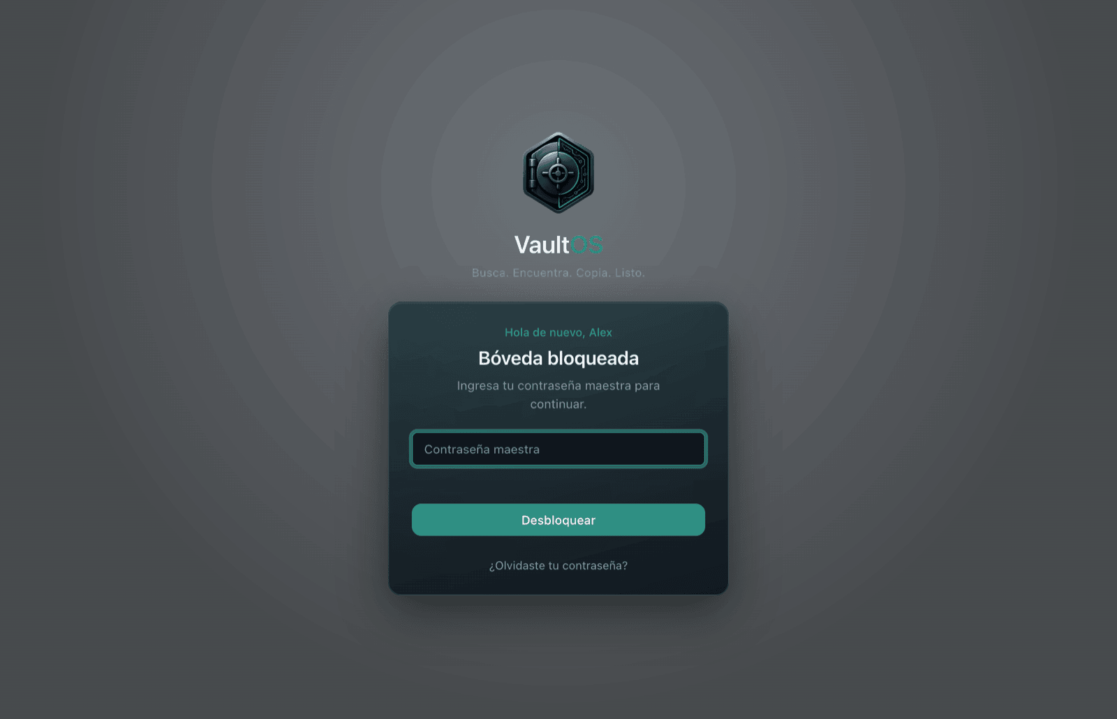 Pantalla de bóveda bloqueada pidiendo la contraseña maestra