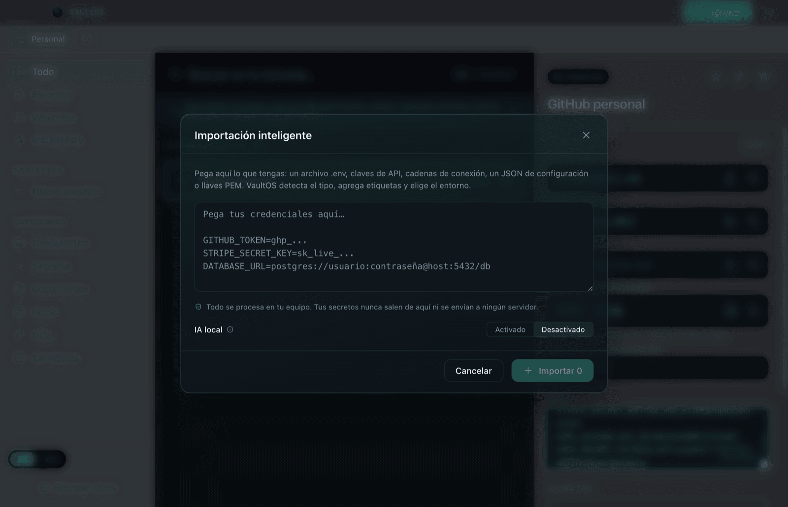 Smart Import con un archivo .env pegado y elementos detectados