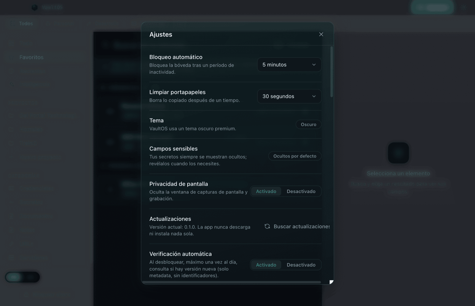 Panel de ajustes de VaultOS