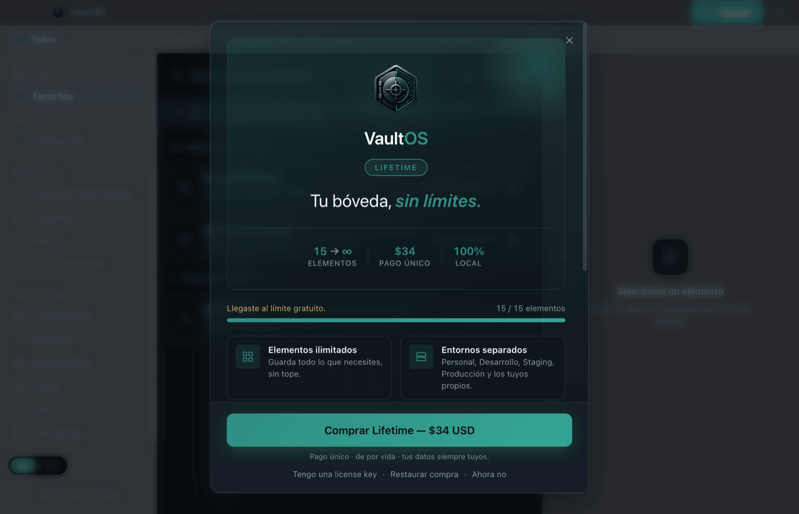 Pantalla del plan Lifetime al alcanzar el límite gratuito