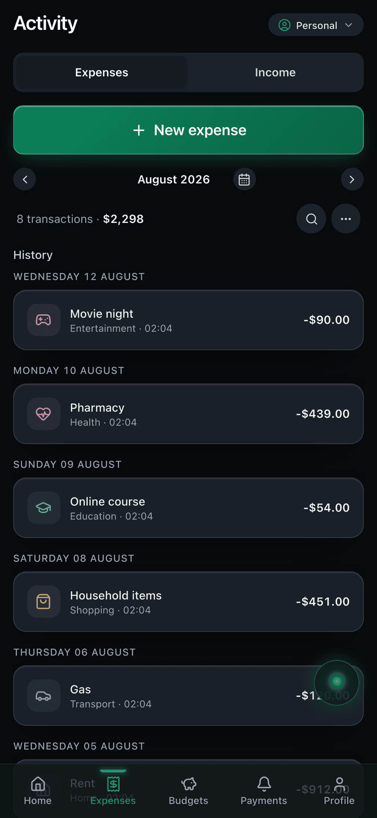Zent expense list, grouped by date, with the category and amount of each entry.