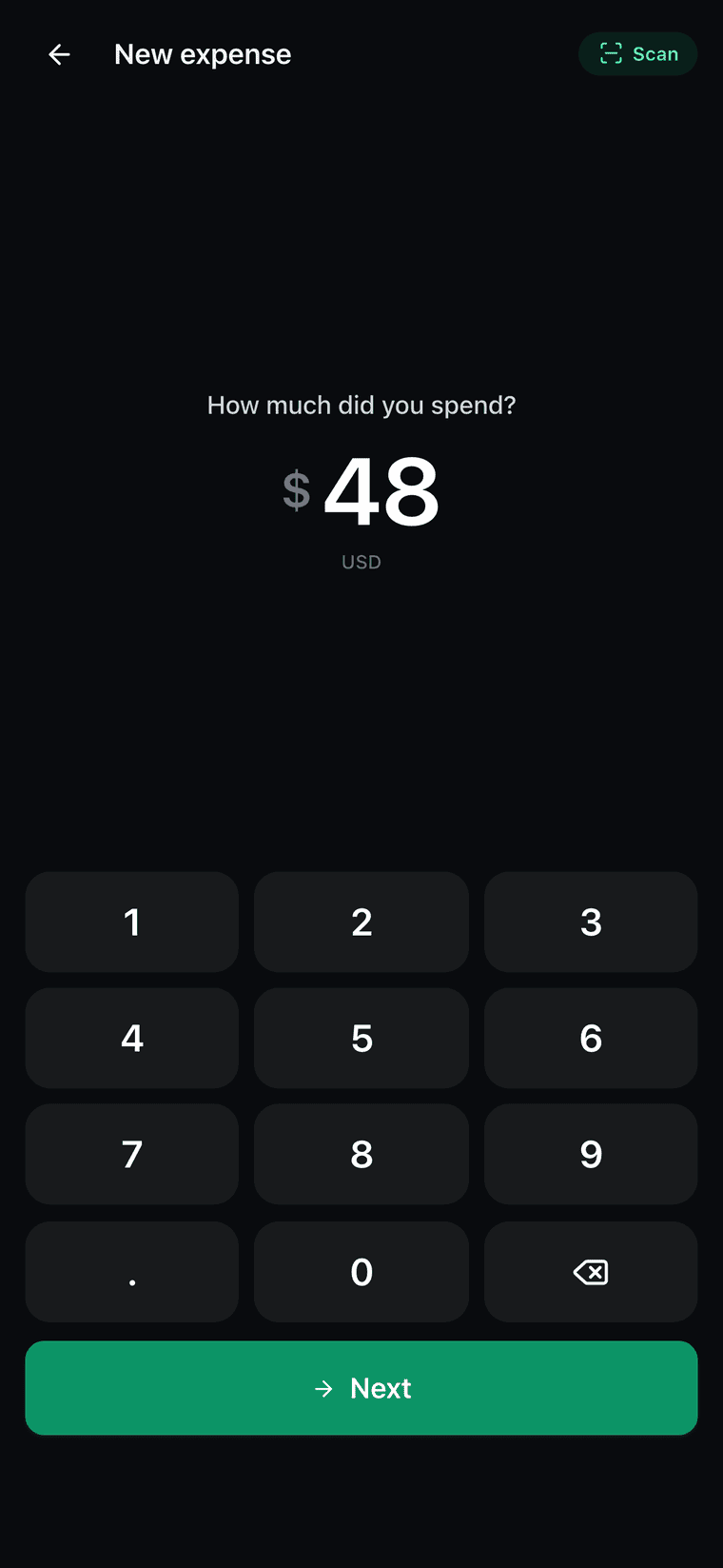 Zent's new-expense form: amount, category, note and receipt photo.