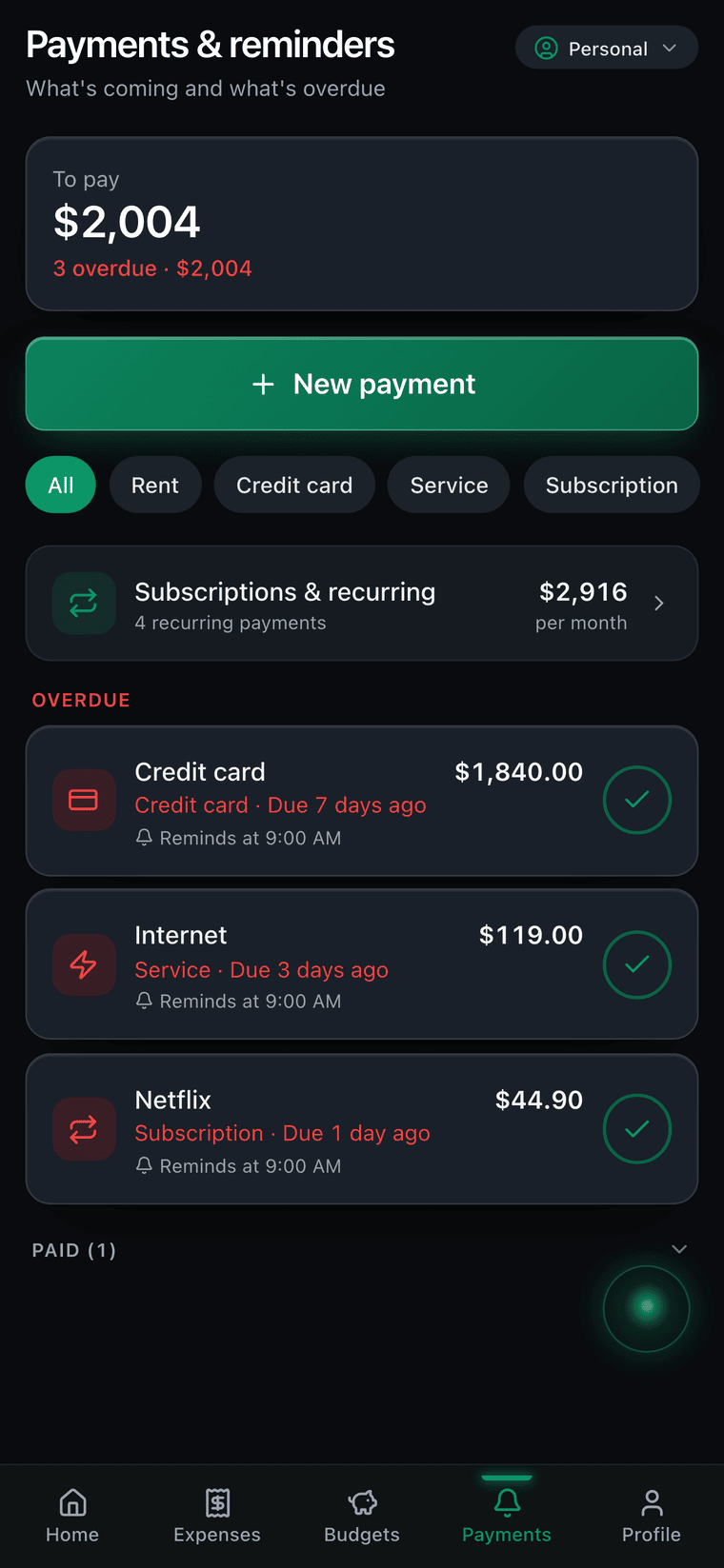 Zent bills and reminders: upcoming due dates and saved cards with their monthly reminder.