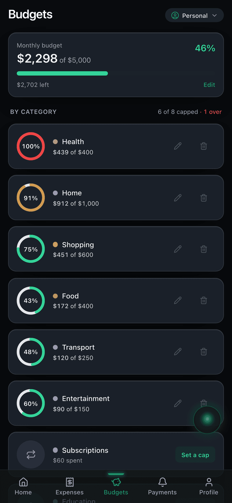 Zent budgets: a monthly cap and per-category caps, with bars that change color as they approach the limit.