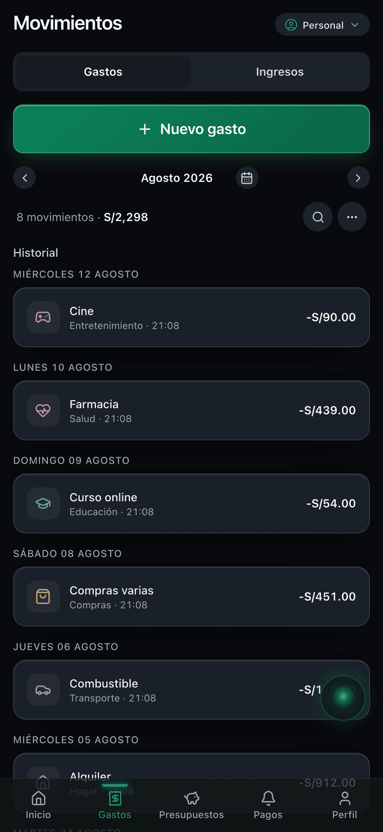 Lista de gastos de Zent, agrupados por fecha, con categoría y monto de cada movimiento.