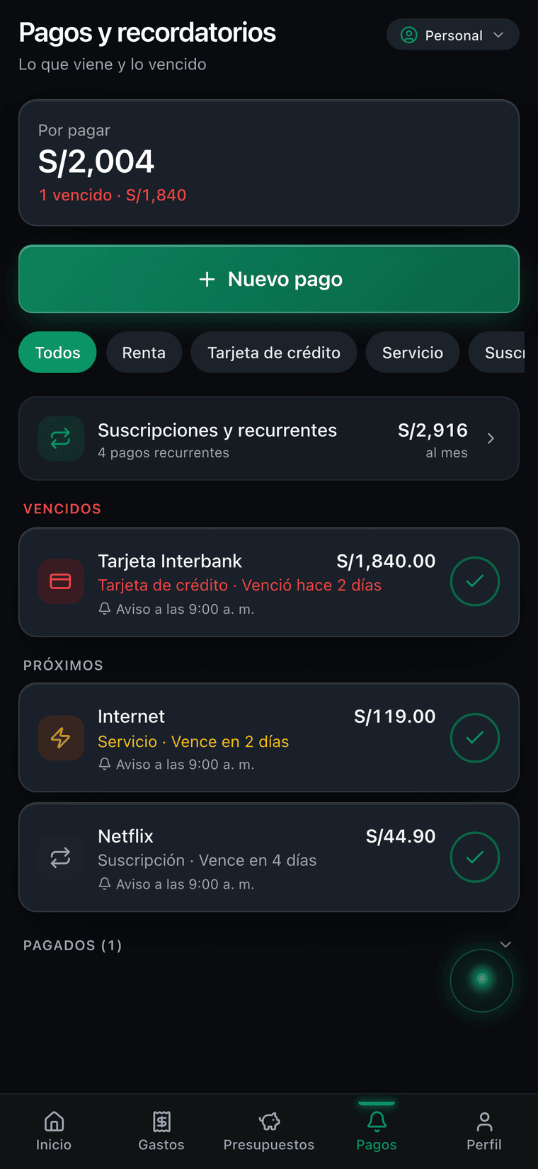 Pagos y recordatorios de Zent: vencimientos próximos y tarjetas registradas con su recordatorio mensual.
