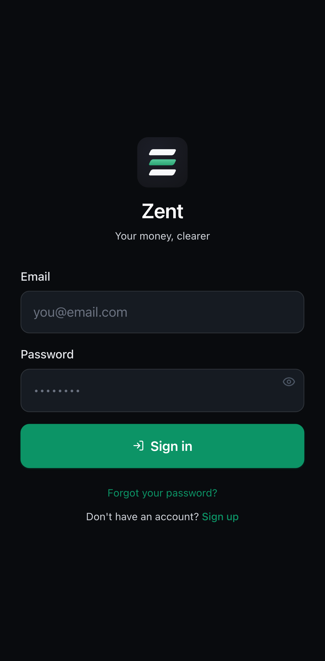 Zent login screen.