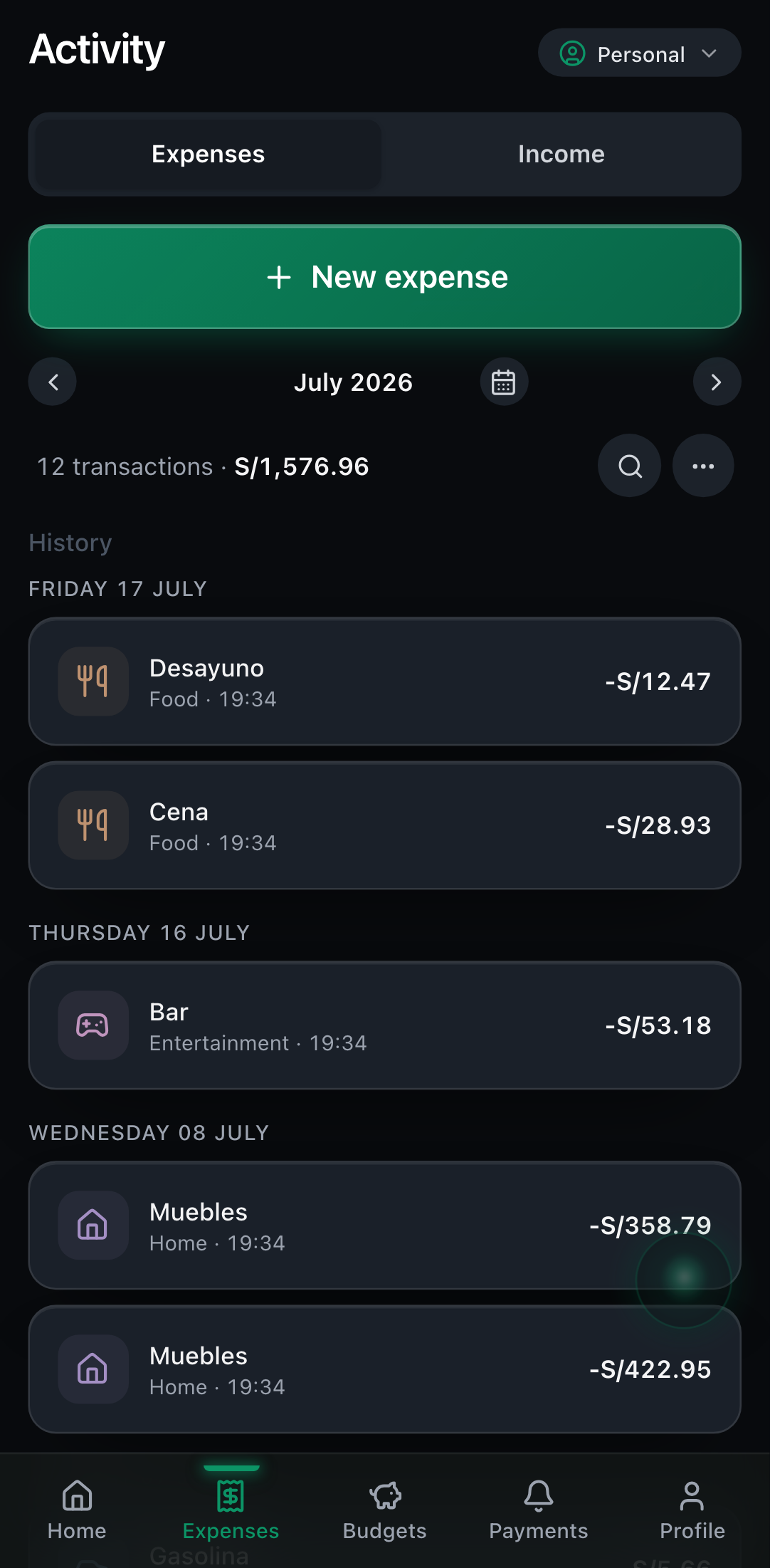 Expenses list for the cycle; tap a card to edit it.