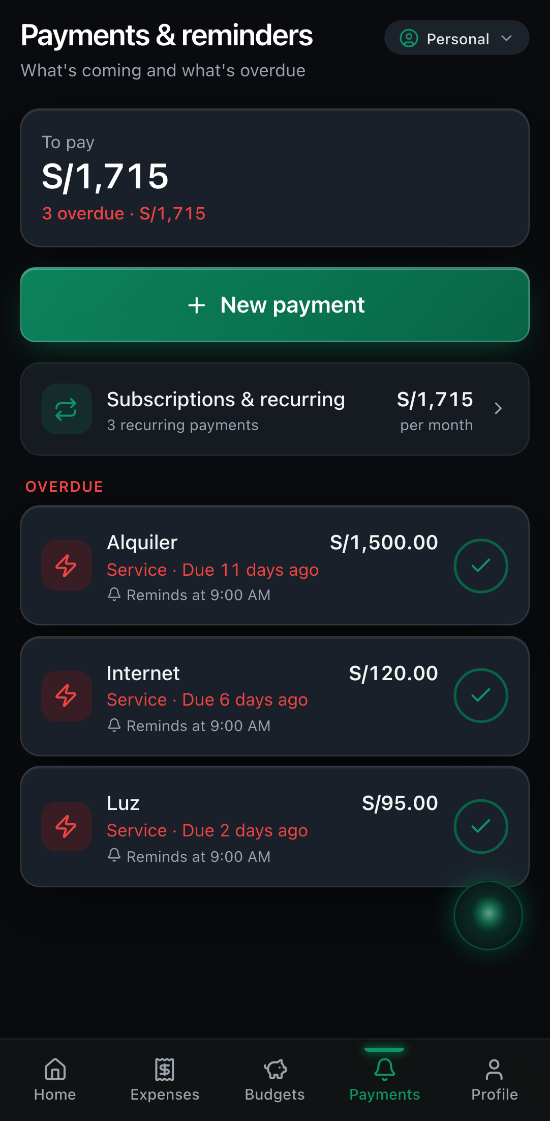 Payments screen with reminders and their status.