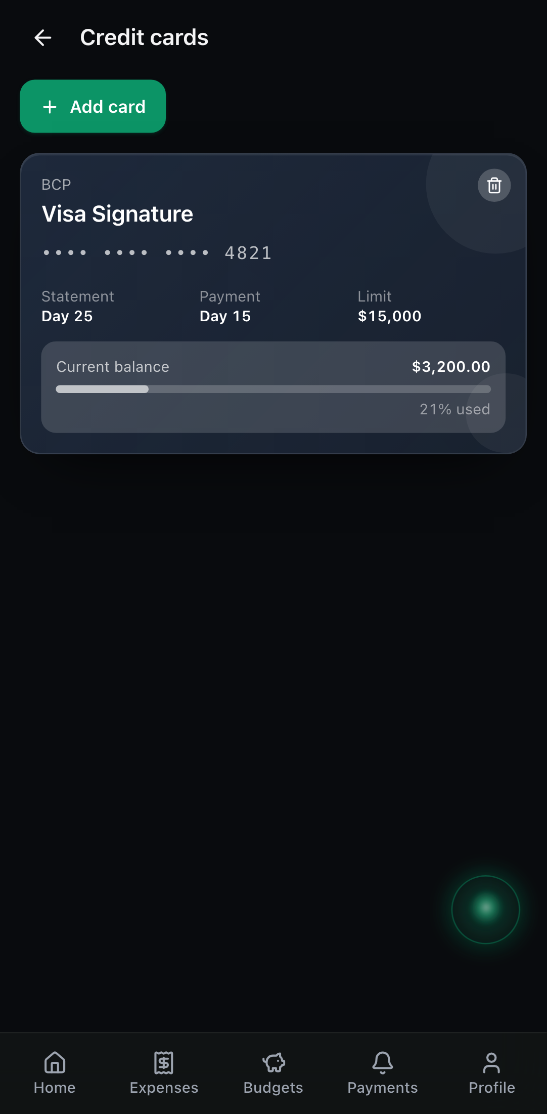 Cards screen with bank, name and last digits.
