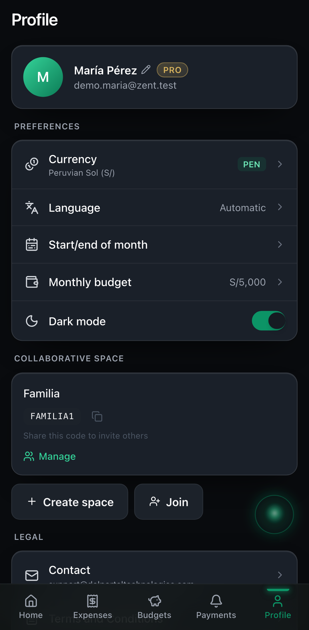Profile screen: editable name, plan, preferences and spaces.
