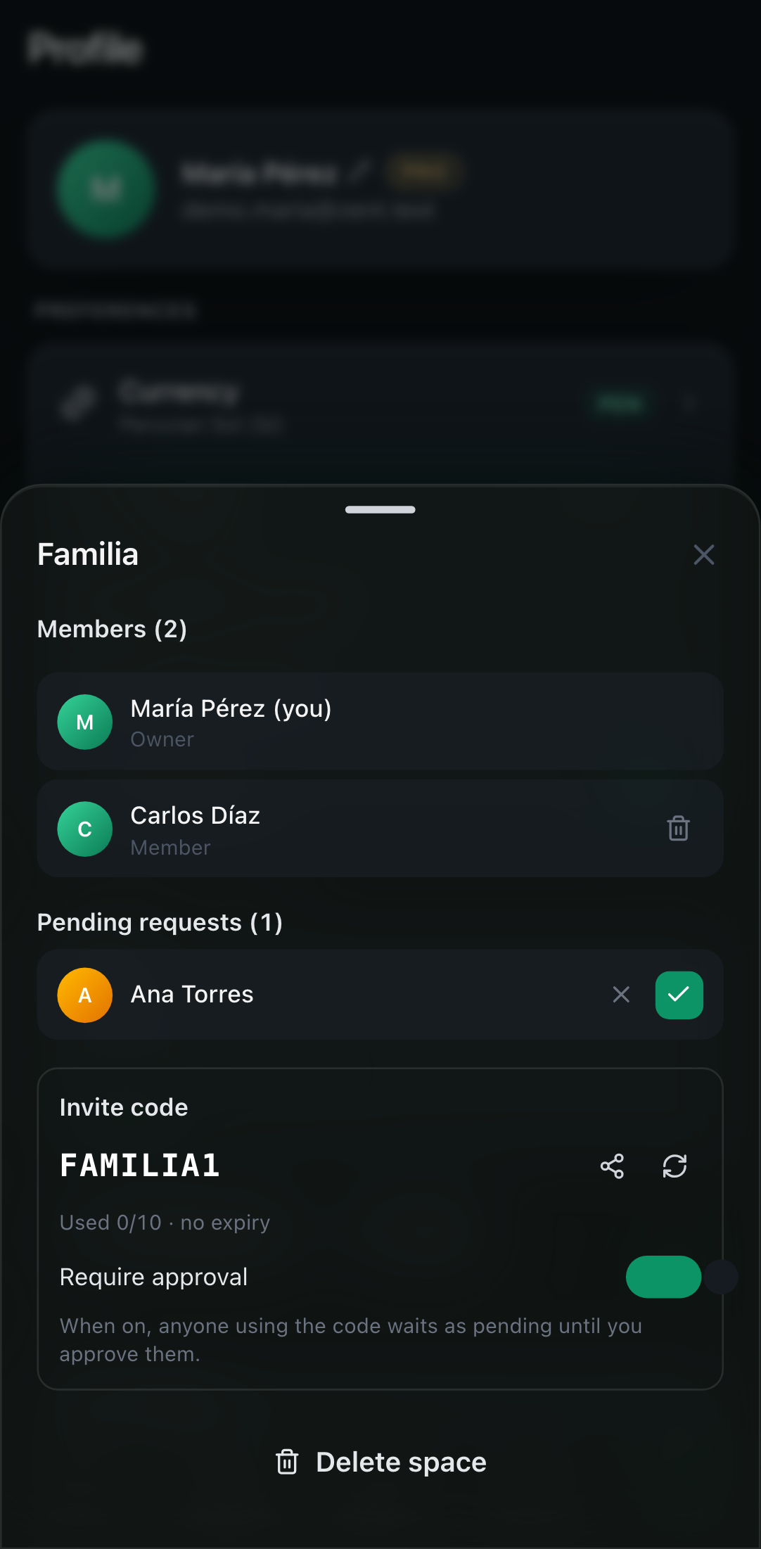 Manage the space: members and roles, join requests (approve/reject), invitation code and the 'Require approval' toggle.