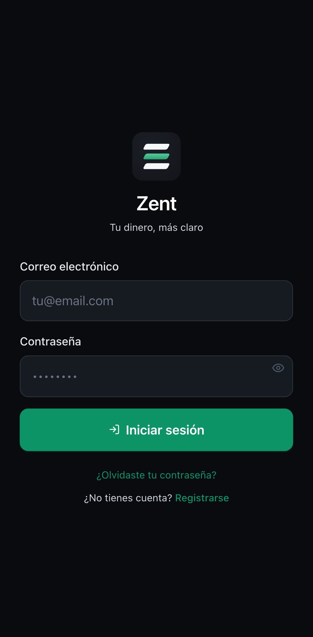 Pantalla de inicio de sesión de Zent.