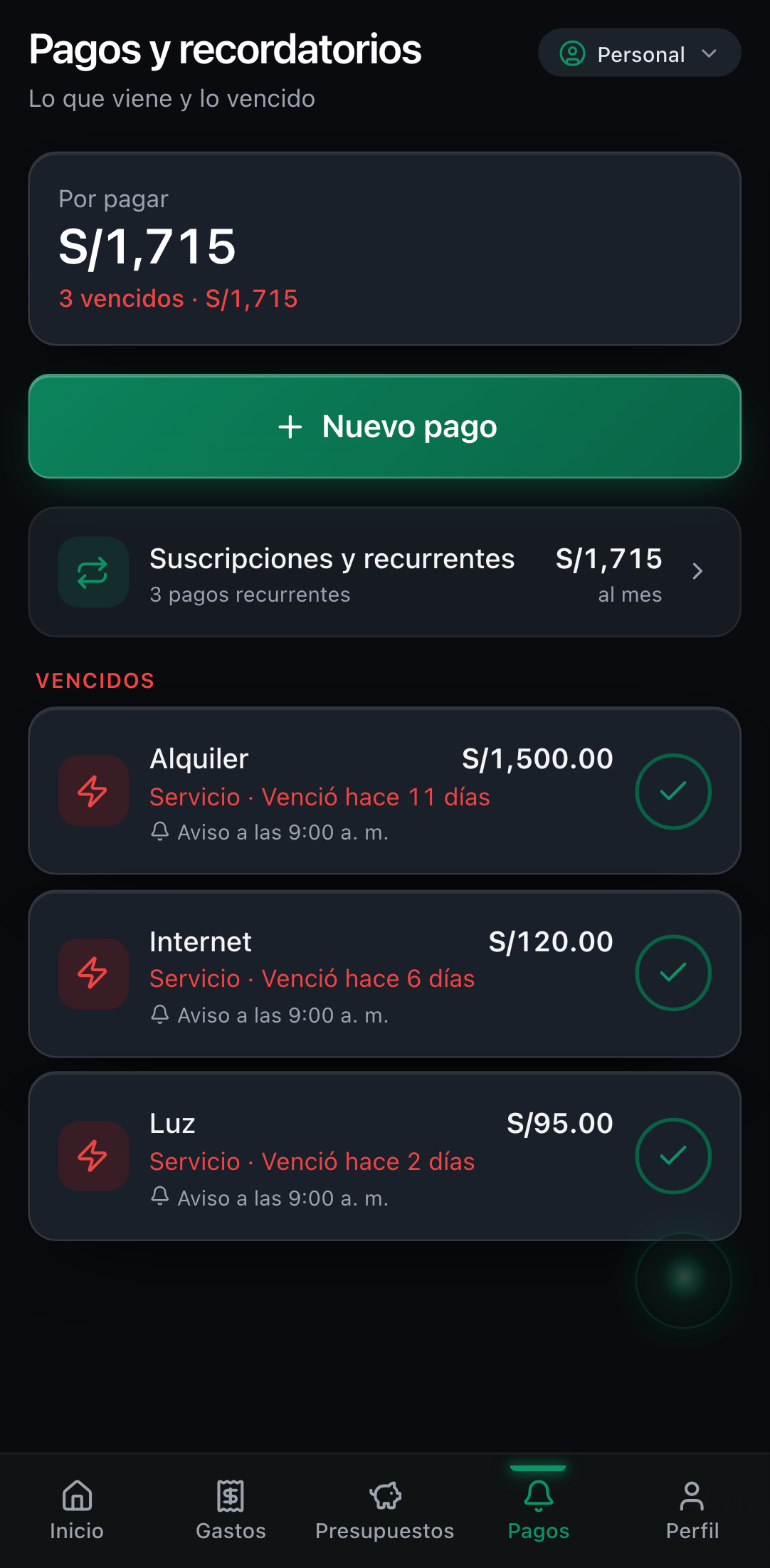 Pantalla de Pagos con los recordatorios y su estado.
