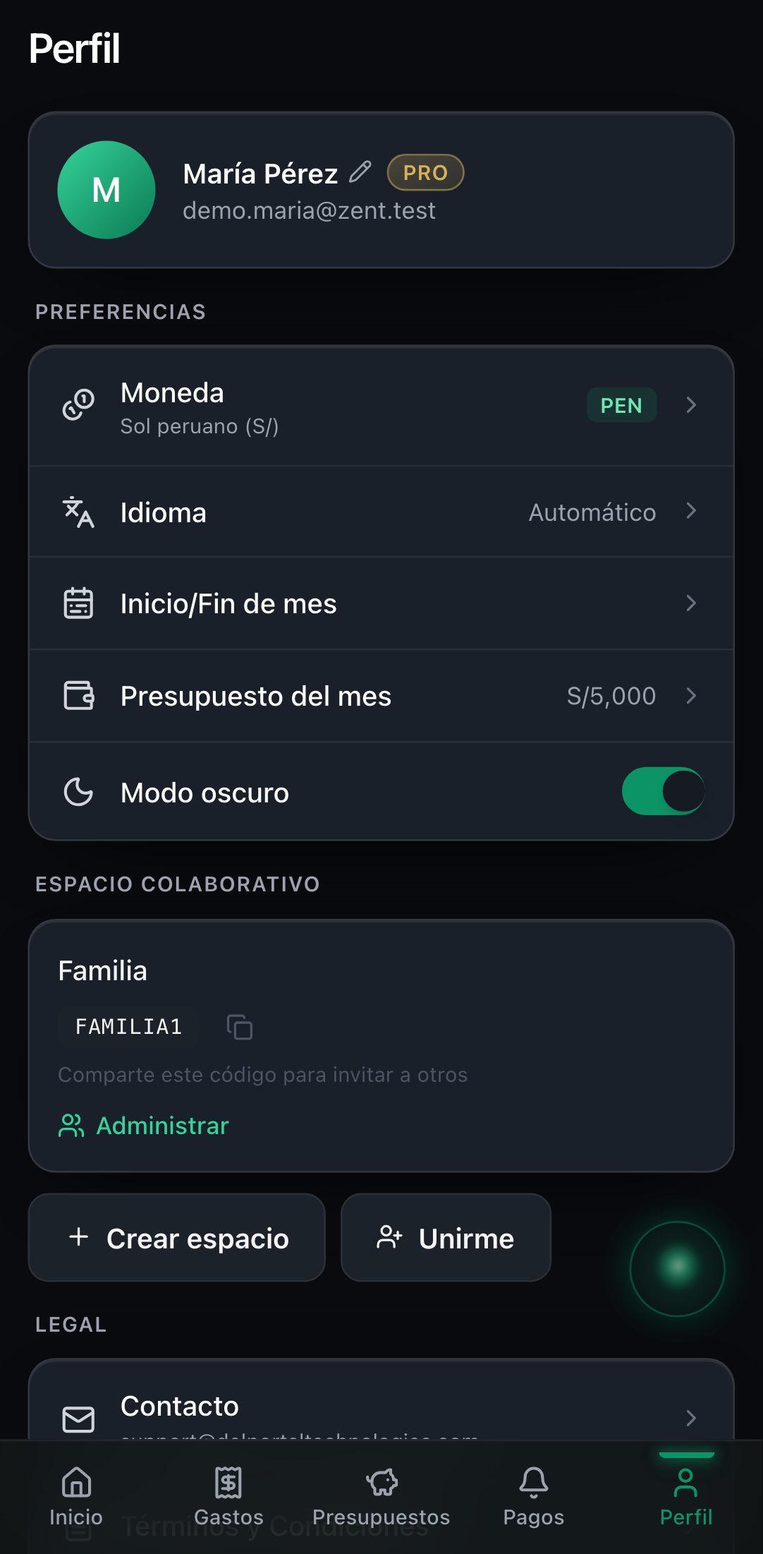 Pantalla de Perfil: nombre editable, plan, preferencias y espacios.