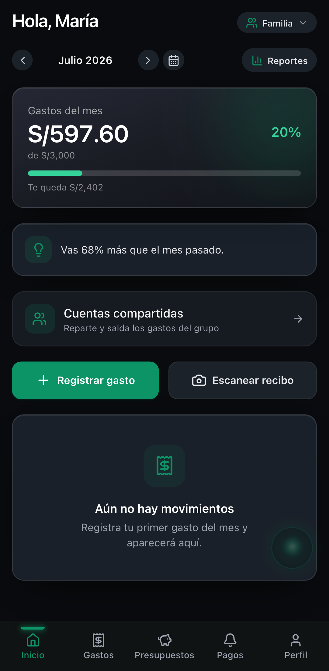El espacio colaborativo activo, con los gastos compartidos del grupo.